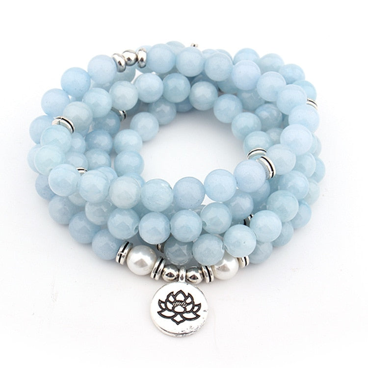 Drop Shipping 2018 New Fashion 108 Mala Beads Sky Blue lotus Strand Bracelet Yoga Bracelet Necklace For Women Jewelry