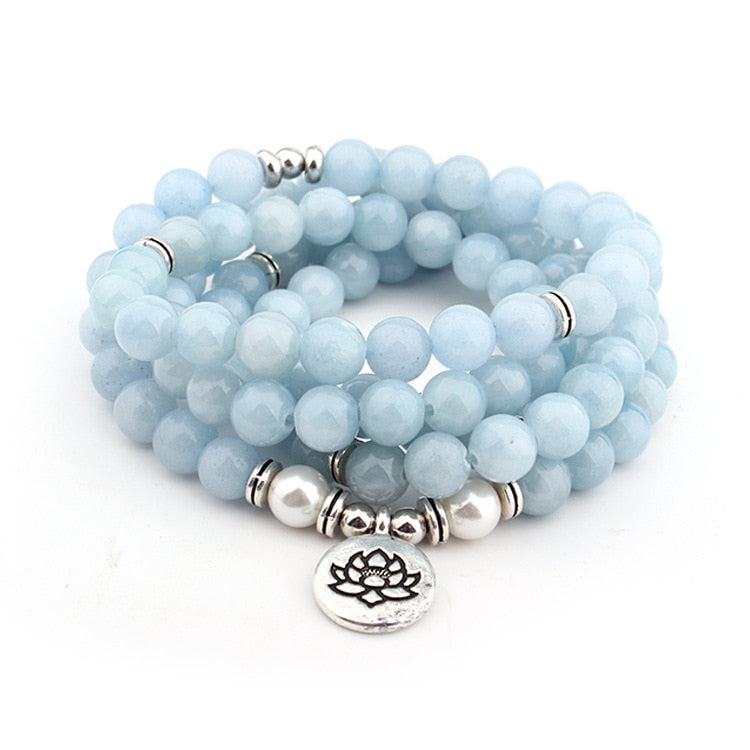 Drop Shipping 2018 New Fashion 108 Mala Beads Sky Blue lotus Strand Bracelet Yoga Bracelet Necklace For Women Jewelry