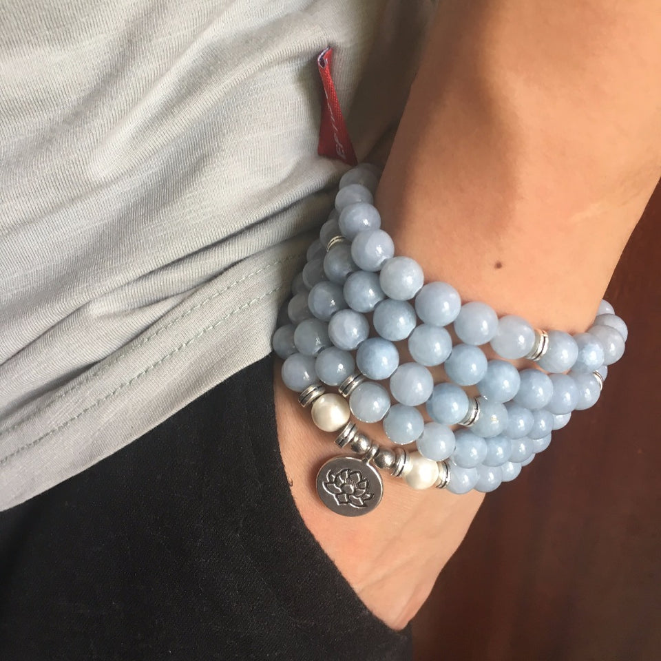 Drop Shipping 2018 New Fashion 108 Mala Beads Sky Blue lotus Strand Bracelet Yoga Bracelet Necklace For Women Jewelry