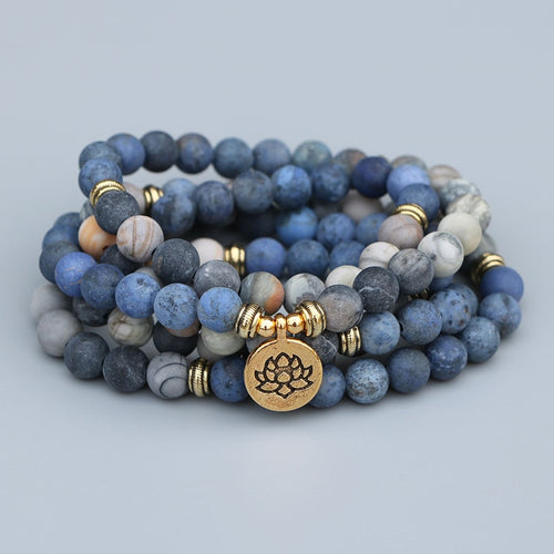 108 Beads Mala Lotus Bracelet 8MM Matte Blue Stone & Picasso Stone Women Men Meditation Yoga Bracelets Drop ship