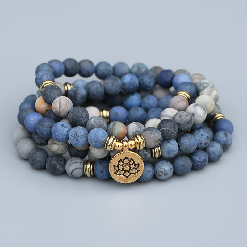 108 Beads Mala Lotus Bracelet 8MM Matte Blue Stone & Picasso Stone Women Men Meditation Yoga Bracelets Drop ship