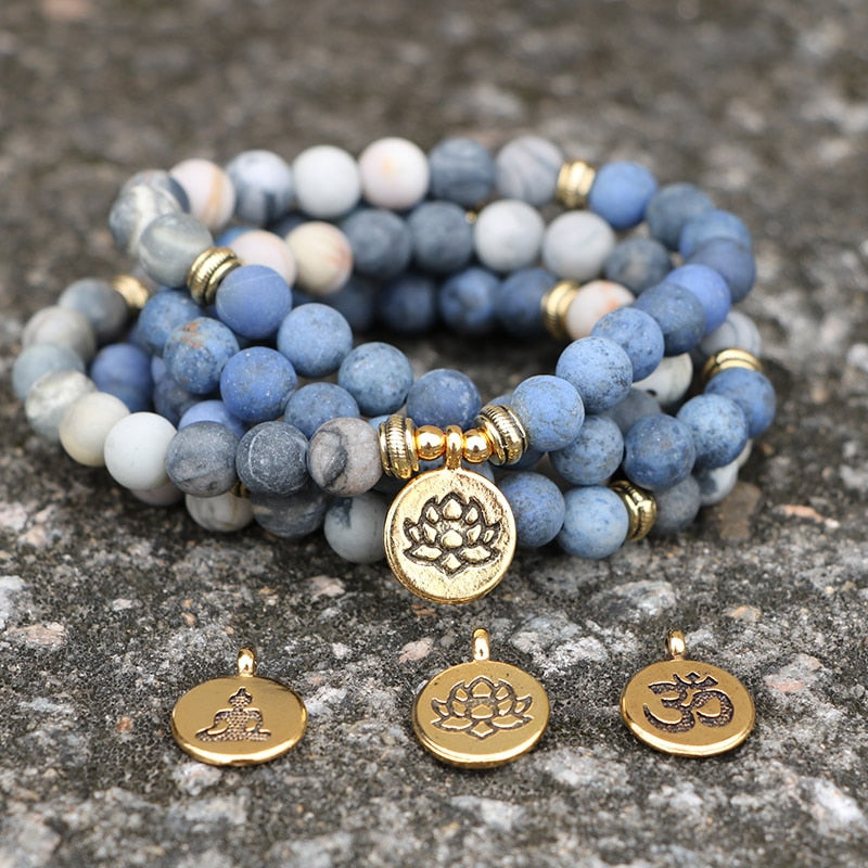 108 Beads Mala Lotus Bracelet 8MM Matte Blue Stone & Picasso Stone Women Men Meditation Yoga Bracelets Drop ship