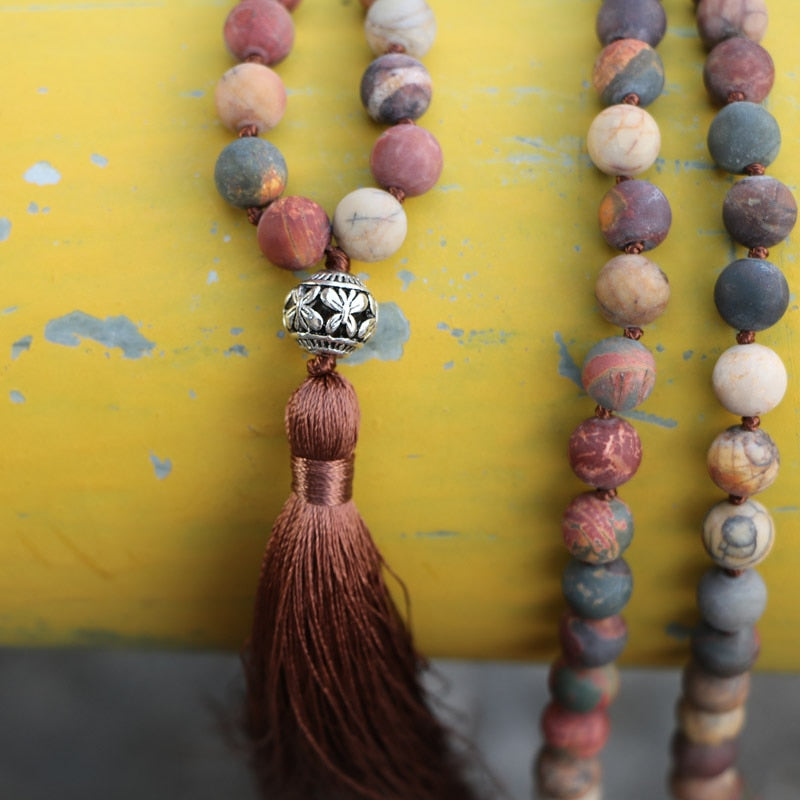 Lovely 8MM Matte Natural Stone Knotted 108 Mala Beads Necklaces For Women Girls Yoga Jewelry Bijoux Dropshipping