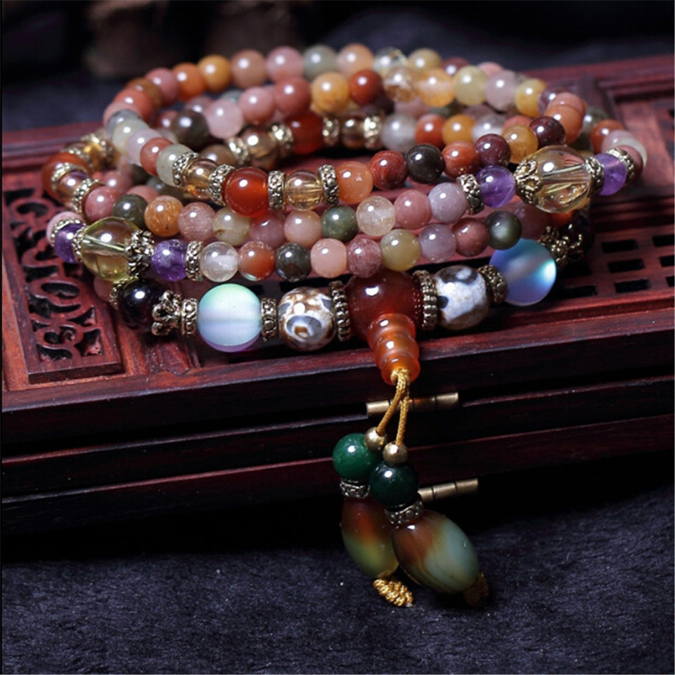 Fashion 5mm Natural Crystal Bracelet Multi Color 108 Beads Hand Beaded Bracelet Prayer Mala for Men or Women Meditation