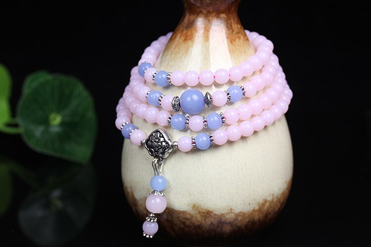 Fashion 6mm Pink Chalcedony Beads Tibetan Buddhist 108 Prayer Beads Bracelet Gourd Mala Prayer Bracelets For Meditation