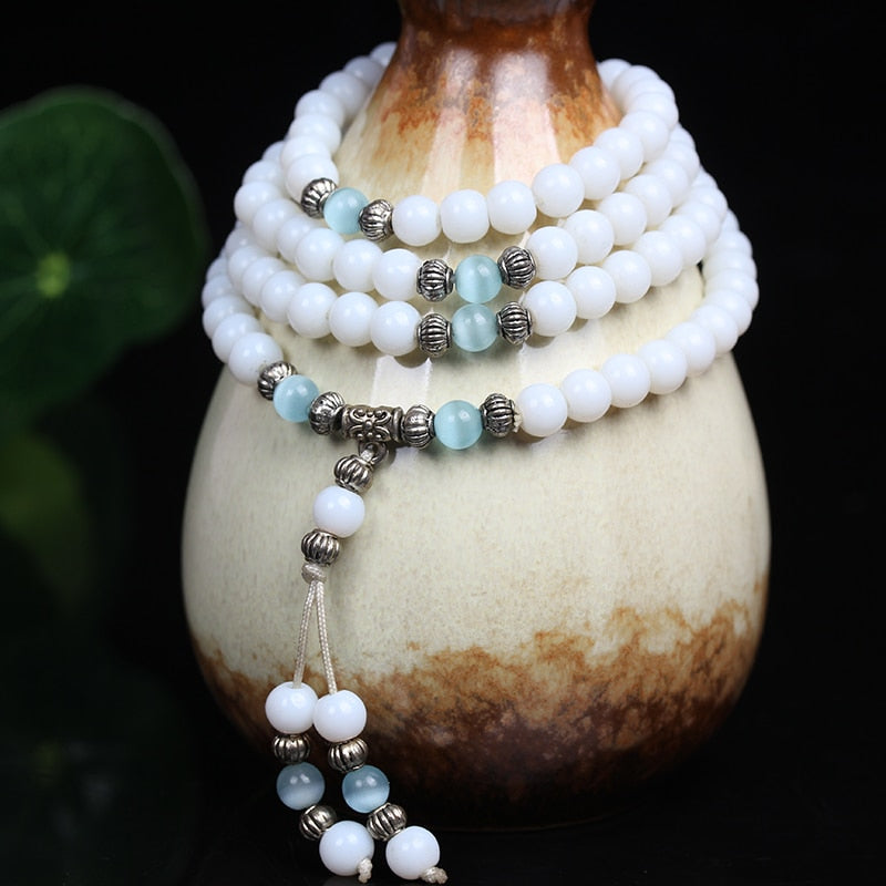 Fashion 6mm White Chalcedony Beaded  Stone Tibetan Buddhist 108 Prayer Beads Necklace Gourd mala Prayer Bracelet for Meditation