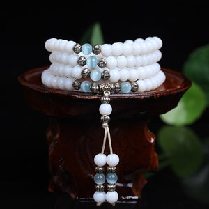 Fashion 6mm White Chalcedony Beaded  Stone Tibetan Buddhist 108 Prayer Beads Necklace Gourd mala Prayer Bracelet for Meditation