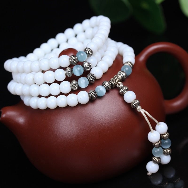 Fashion 6mm White Chalcedony Beaded  Stone Tibetan Buddhist 108 Prayer Beads Necklace Gourd mala Prayer Bracelet for Meditation