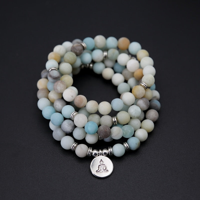 Fashion Women bracelet Matte Frosted Amazonite beads with Lotus OM Buddha Charm Yoga Bracelet 108 mala necklace