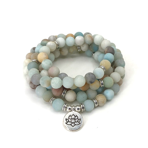 Fashion Women bracelet Matte Frosted Amazonite beads with Lotus OM Buddha Charm Yoga Bracelet 108 mala necklace