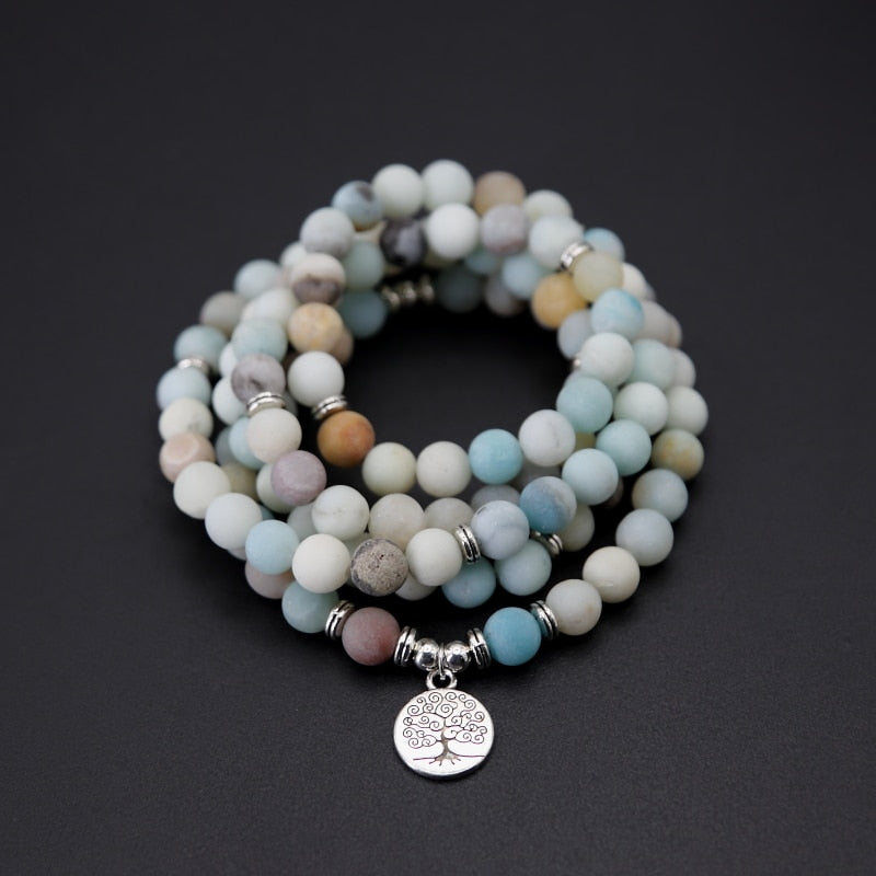 Fashion Women bracelet Matte Frosted Amazonite beads with Lotus OM Buddha Charm Yoga Bracelet 108 mala necklace