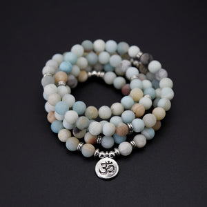Fashion Women bracelet Matte Frosted Amazonite beads with Lotus OM Buddha Charm Yoga Bracelet 108 mala necklace