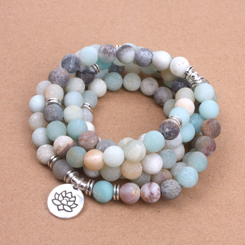 Fashion Women`s bracelet Matte Frosted Amazonite beads with Lotus OM Buddha Charm Yoga Bracelet 108 mala necklace