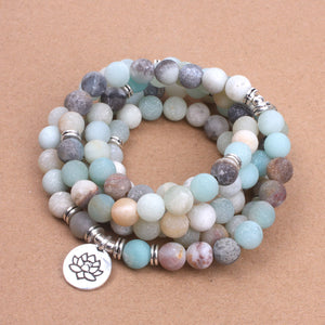 Fashion Women`s bracelet Matte Frosted Amazonite beads with Lotus OM Buddha Charm Yoga Bracelet 108 mala necklace
