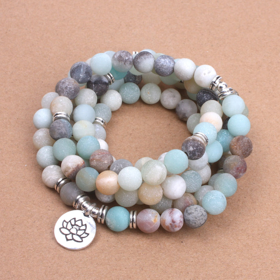 Fashion Women`s bracelet Matte Frosted Amazonite beads with Lotus OM Buddha Charm Yoga Bracelet 108 mala necklace