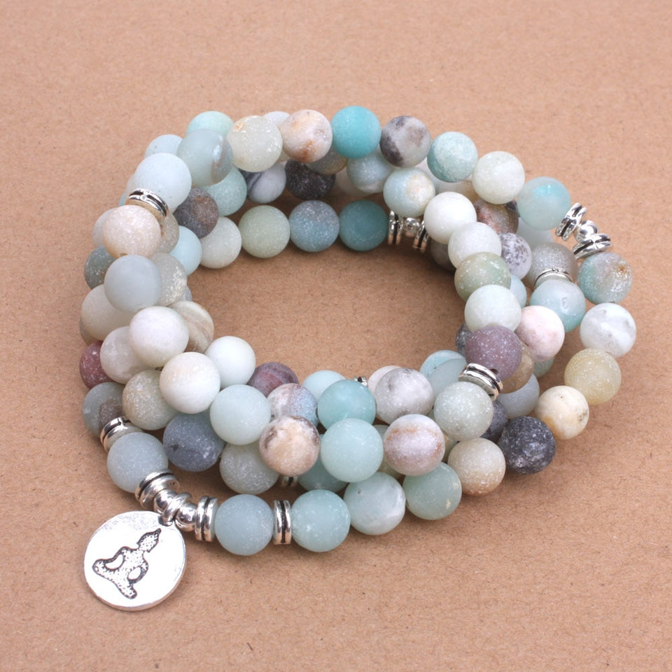 Fashion Women`s bracelet Matte Frosted Amazonite beads with Lotus OM Buddha Charm Yoga Bracelet 108 mala necklace