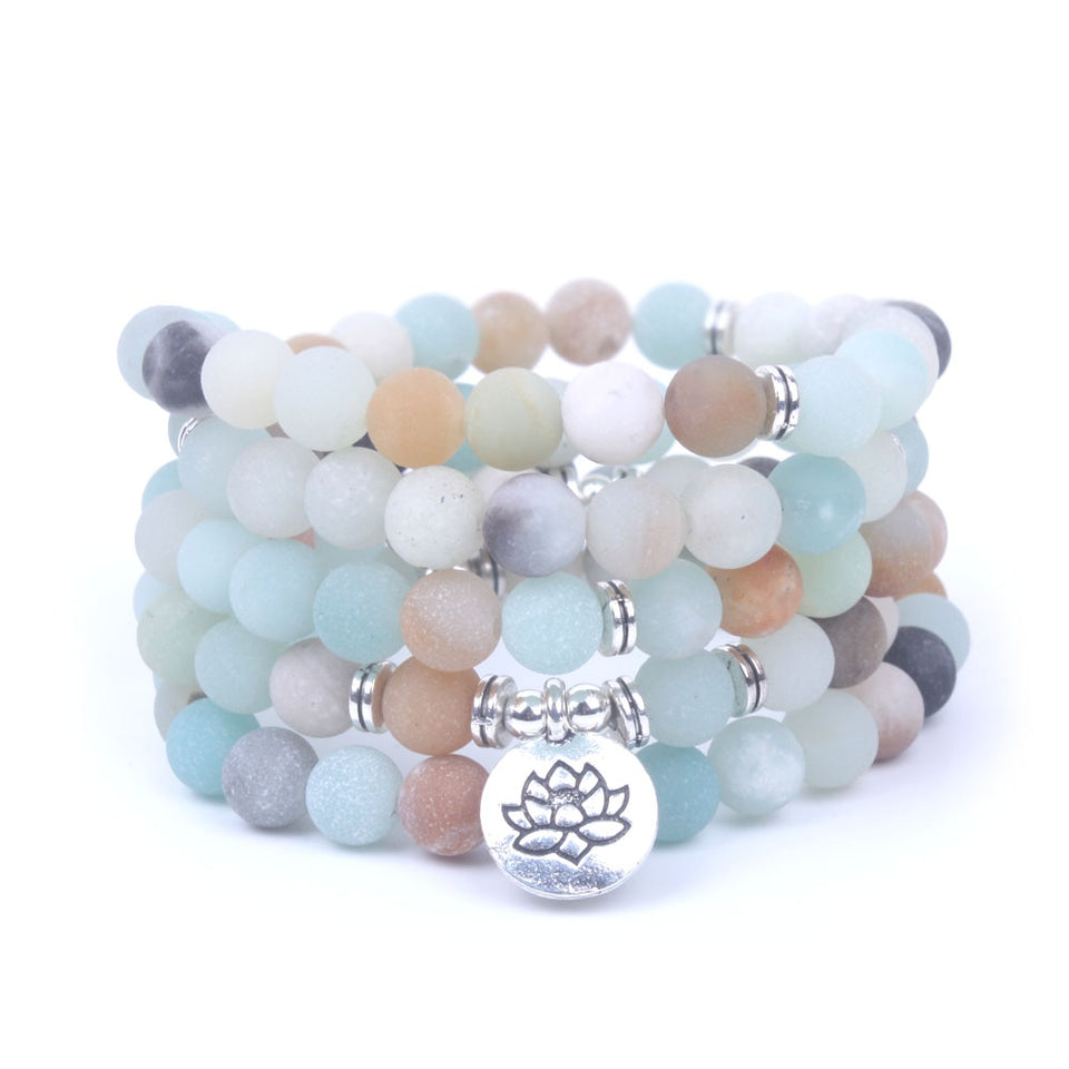 Fashion Women`s bracelet Matte Frosted Amazonite beads with Lotus OM Buddha Charm Yoga Bracelet 108 mala necklace