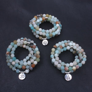 Fashion Women`s bracelet Matte Frosted Amazonite beads with Lotus OM Buddha Charm Yoga Bracelet 108 mala necklace