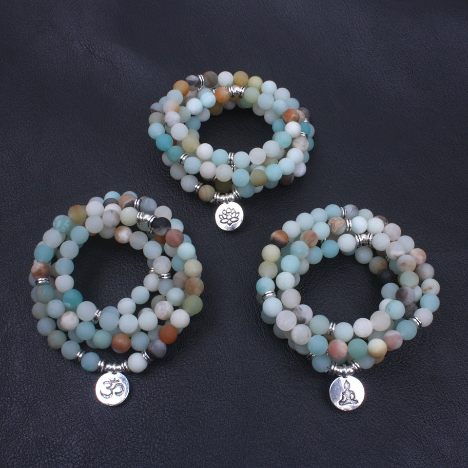 Fashion Women`s bracelet Matte Frosted Amazonite beads with Lotus OM Buddha Charm Yoga Bracelet 108 mala necklace
