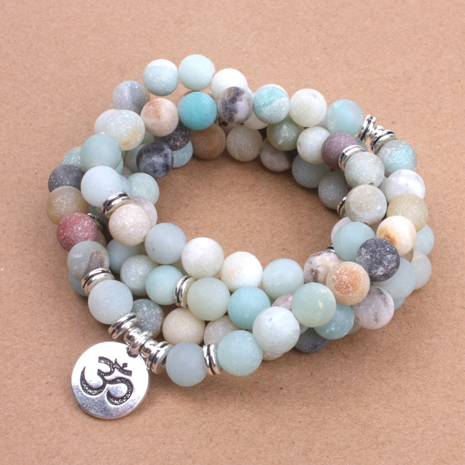 Fashion Women`s bracelet Matte Frosted Amazonite beads with Lotus OM Buddha Charm Yoga Bracelet 108 mala necklace