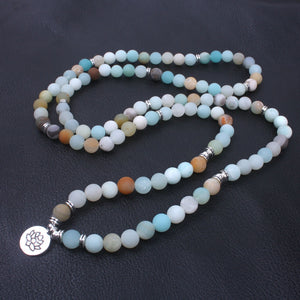 Fashion Women`s bracelet Matte Frosted Amazonite beads with Lotus OM Buddha Charm Yoga Bracelet 108 mala necklace