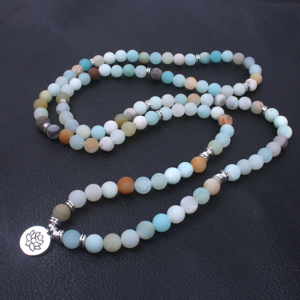 Fashion Women`s bracelet Matte Frosted Amazonite beads with Lotus OM Buddha Charm Yoga Bracelet 108 mala necklace