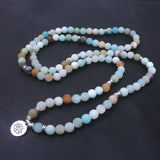 Fashion Women`s bracelet Matte Frosted Amazonite beads with Lotus OM Buddha Charm Yoga Bracelet 108 mala necklace