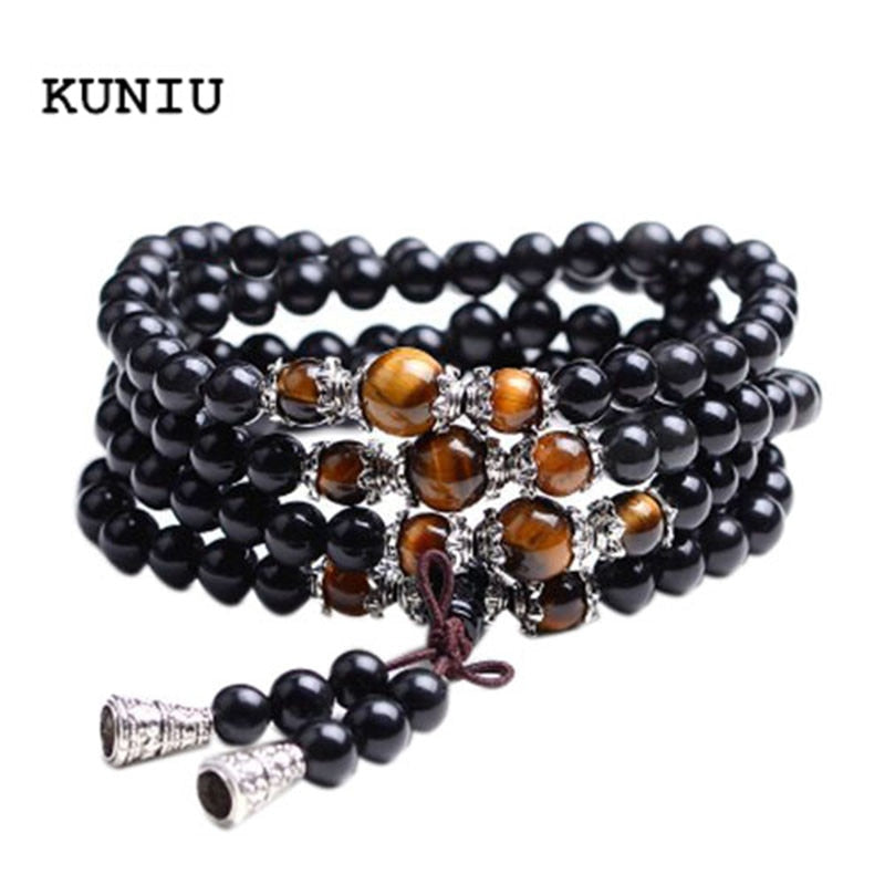 Fatpig Black Color Tiger Eye Crystal Tibet Buddhist Buddha Meditation 108 Prayer Bead Mala Bracelet/Necklace