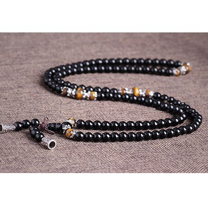 Fatpig Black Color Tiger Eye Crystal Tibet Buddhist Buddha Meditation 108 Prayer Bead Mala Bracelet/Necklace
