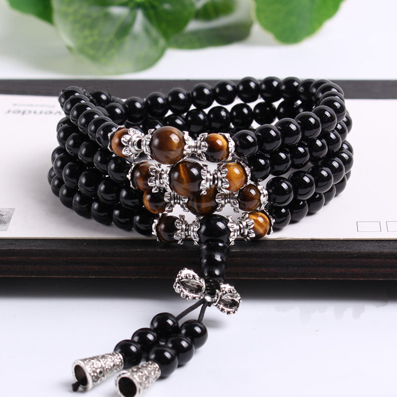 Fatpig Black Color Tiger Eye Crystal Tibet Buddhist Buddha Meditation 108 Prayer Bead Mala Bracelet/Necklace