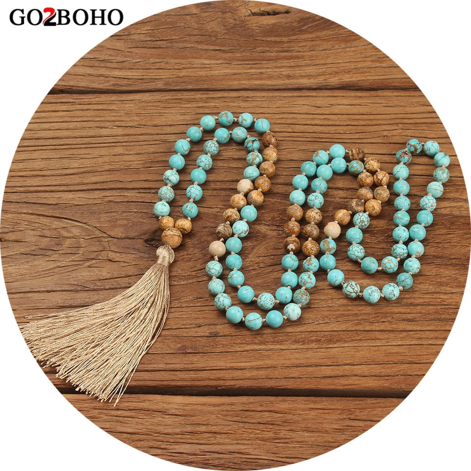 Go2boho Boho Necklaces Women 108 Mala Beads Necklace Jewelry Collier Femme 2019 Women Natural Stones Tassel 8mm Beads Meditation