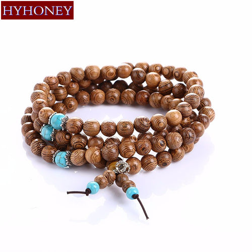 HYHONEY 8mm Natural Sandalwood Buddhist Buddha Meditation 108 beads Wood Prayer Bead Mala Bracelet For Women Men Jewelry