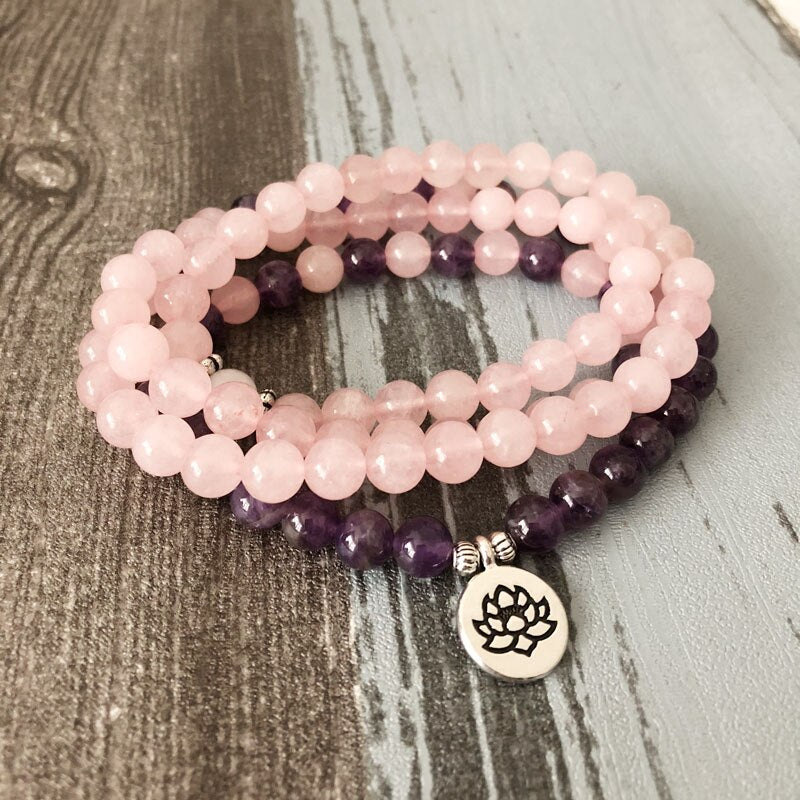 Hottest Woman Mala Necklace & bracelets For Women Rose Quartzs Amethysts Yoga Bracelet Mala Lotus 108 Beads Pink Bracelet