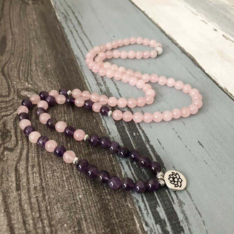 Hottest Woman Mala Necklace & bracelets For Women Rose Quartzs Amethysts Yoga Bracelet Mala Lotus 108 Beads Pink Bracelet