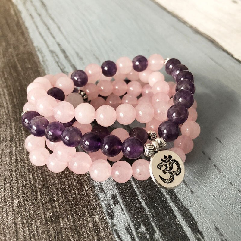 Hottest Woman Mala Necklace & bracelets For Women Rose Quartzs Amethysts Yoga Bracelet Mala Lotus 108 Beads Pink Bracelet