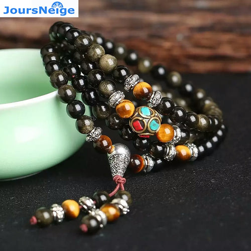 JoursNeige Natural Gold Obsidian Stone Bracelets 6mm 108 Beads with Tiger Eye Stone for Men Women Crystal Bracelet Jewelry