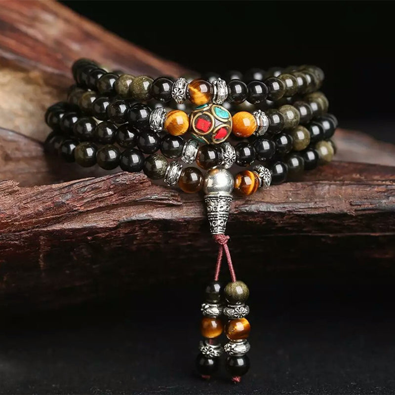 JoursNeige Natural Gold Obsidian Stone Bracelets 6mm 108 Beads with Tiger Eye Stone for Men Women Crystal Bracelet Jewelry