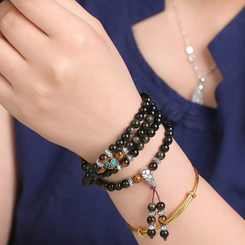 JoursNeige Natural Gold Obsidian Stone Bracelets 6mm 108 Beads with Tiger Eye Stone for Men Women Crystal Bracelet Jewelry