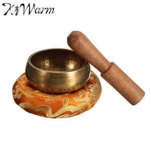 KiWarm 8cm Hand Hammered Chakra Tibetan Singing Bowl Set Wood Sticker Mat for Meditation Yoga Buddhism Gifts Home Decor Crafts