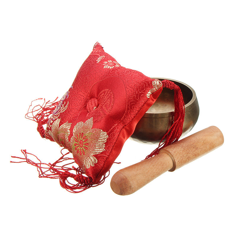KiWarm Vintage Chinese Hand Hammered Singing Bowl+Wood Sticker+Mat For Chakra Tibetan Prayer Meditation Yoga Ornament