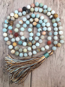 Matte Amazonite Bead Necklace 108 Mala Beads Necklace Hand Knotted Meditation Jewelry Long Silk Tassel Yoga Mala Jewelry