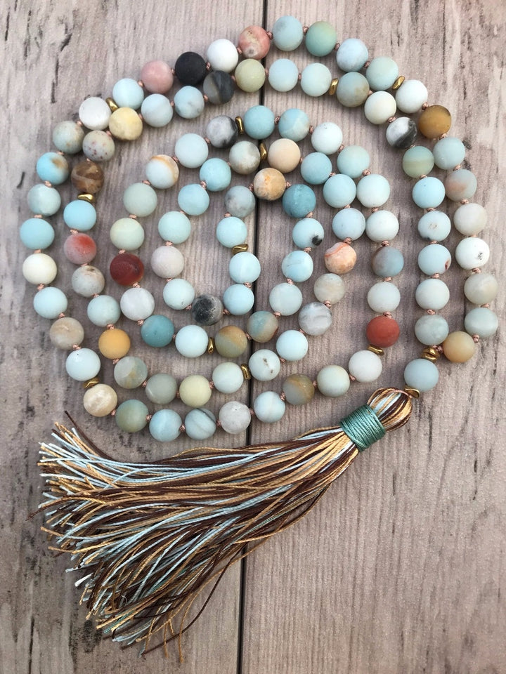 Matte Amazonite Bead Necklace 108 Mala Beads Necklace Hand Knotted Meditation Jewelry Long Silk Tassel Yoga Mala Jewelry