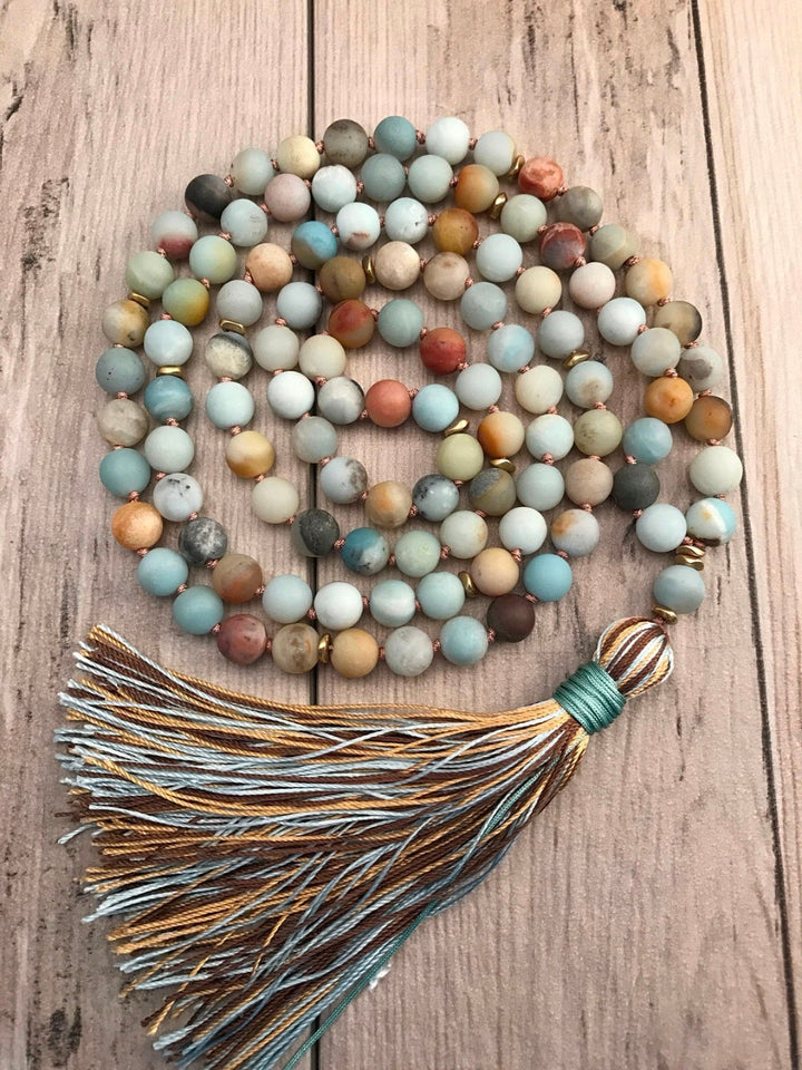 Matte Amazonite Bead Necklace 108 Mala Beads Necklace Hand Knotted Meditation Jewelry Long Silk Tassel Yoga Mala Jewelry