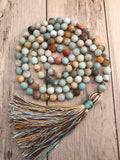 Matte Amazonite Bead Necklace 108 Mala Beads Necklace Hand Knotted Meditation Jewelry Long Silk Tassel Yoga Mala Jewelry