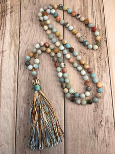 Matte Amazonite Bead Necklace 108 Mala Beads Necklace Hand Knotted Meditation Jewelry Long Silk Tassel Yoga Mala Jewelry