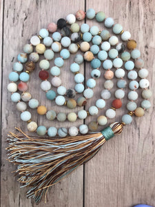 Matte Amazonite Bead Necklace 108 Mala Beads Necklace Hand Knotted Meditation Jewelry Long Silk Tassel Yoga Mala Jewelry
