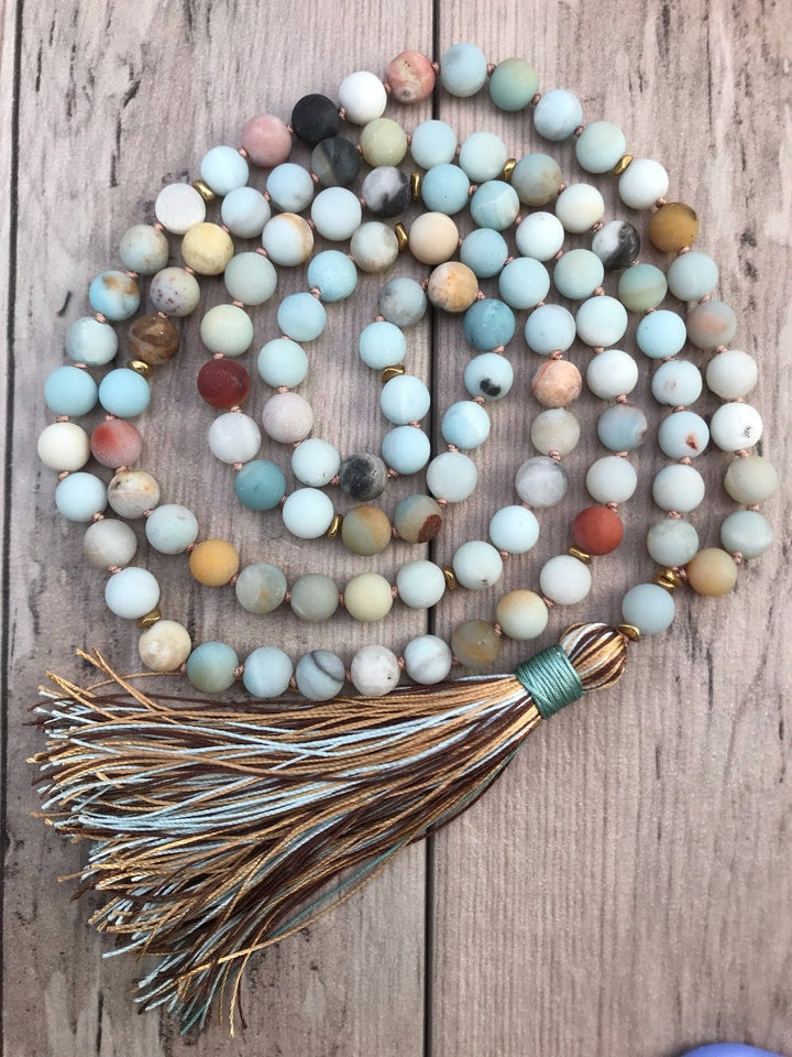 Matte Amazonite Bead Necklace 108 Mala Beads Necklace Hand Knotted Meditation Jewelry Long Silk Tassel Yoga Mala Jewelry