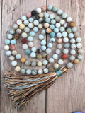 Matte Amazonite Bead Necklace 108 Mala Beads Necklace Hand Knotted Meditation Jewelry Long Silk Tassel Yoga Mala Jewelry