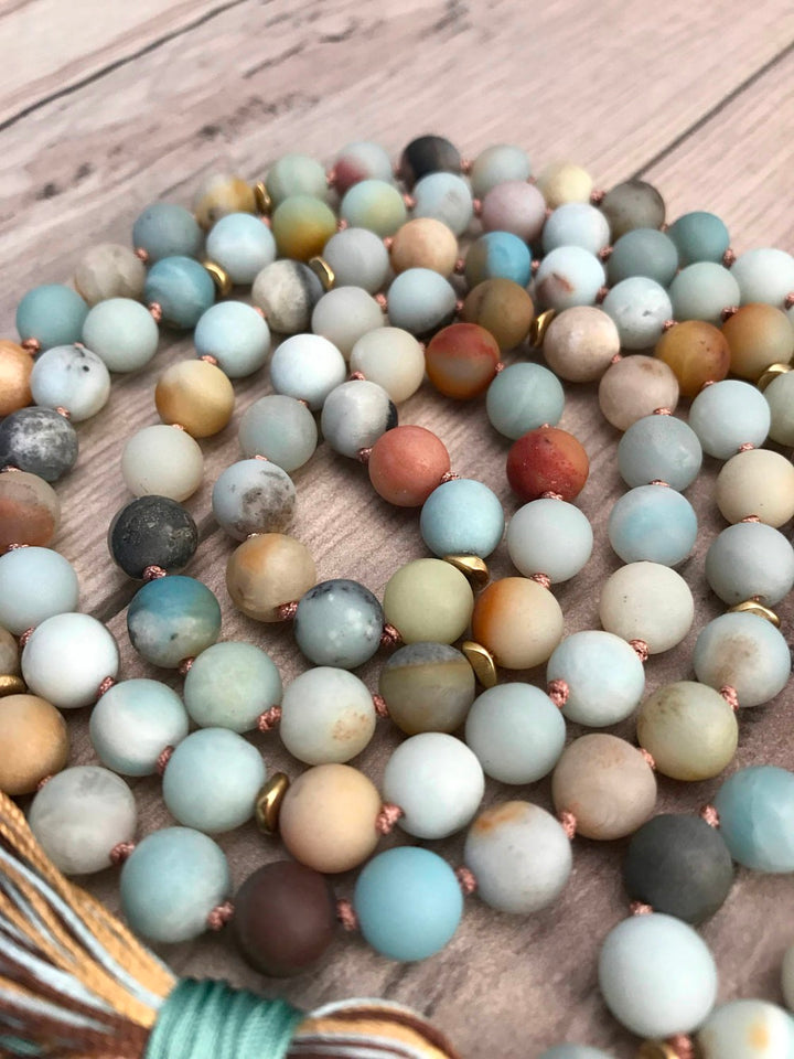Matte Amazonite Bead Necklace 108 Mala Beads Necklace Hand Knotted Meditation Jewelry Long Silk Tassel Yoga Mala Jewelry