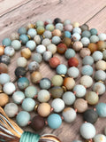 Matte Amazonite Bead Necklace 108 Mala Beads Necklace Hand Knotted Meditation Jewelry Long Silk Tassel Yoga Mala Jewelry